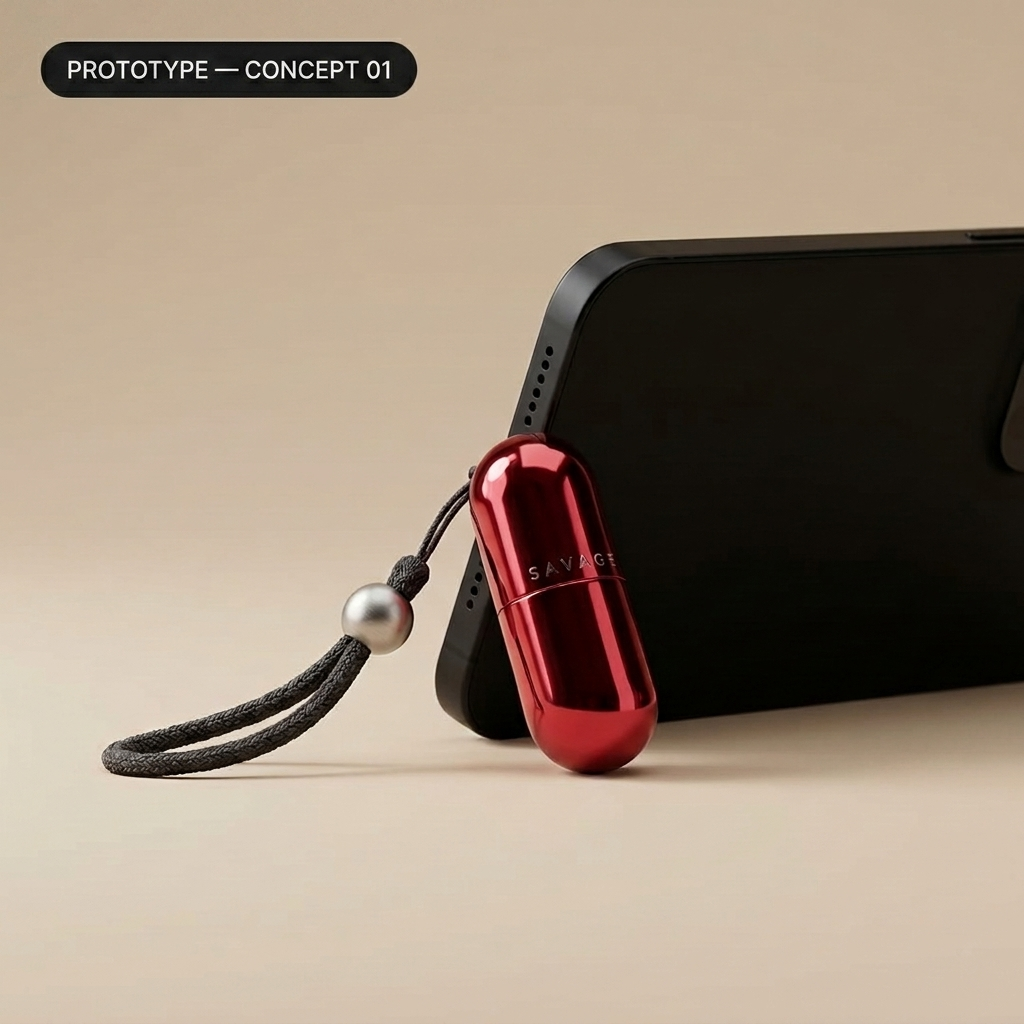 Concept 01 — cherry chrome lip pod phone charm (prototype)