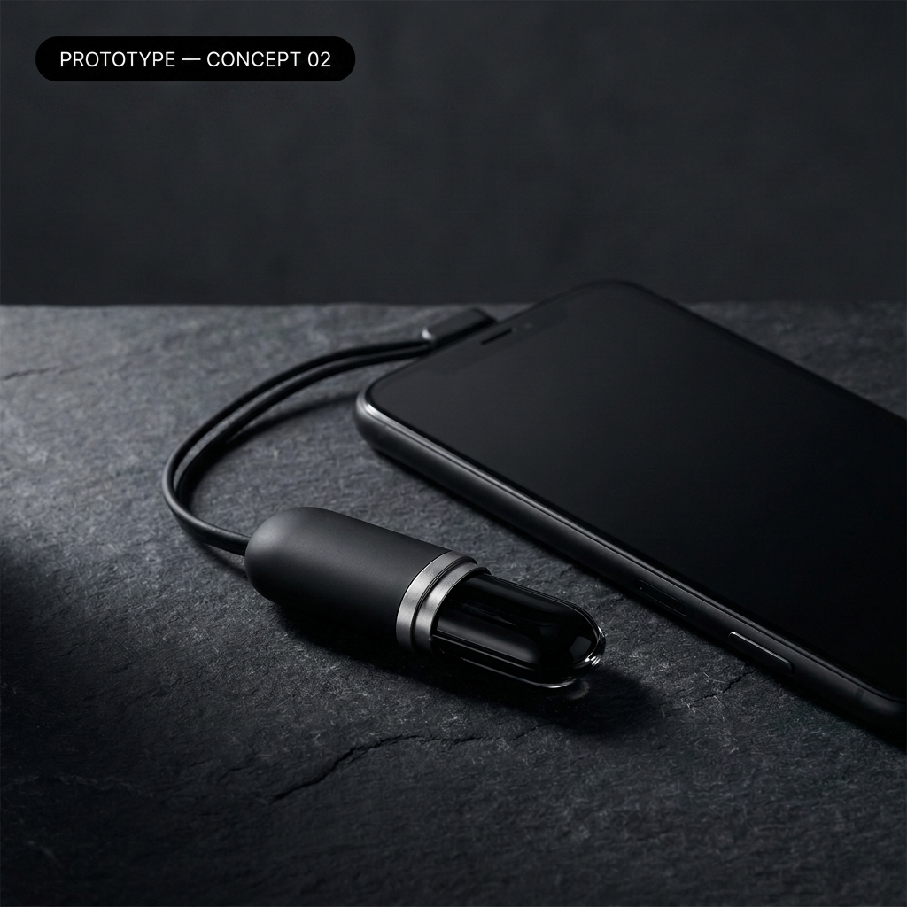 Concept 02 — matte black minimalist lip pod phone charm (prototype)