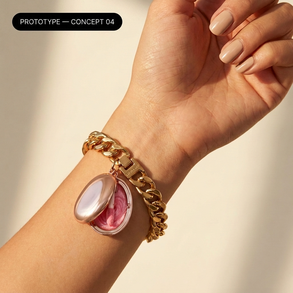 Concept 04 — rose gold locket lip pod on chunky chain bracelet (prototype)