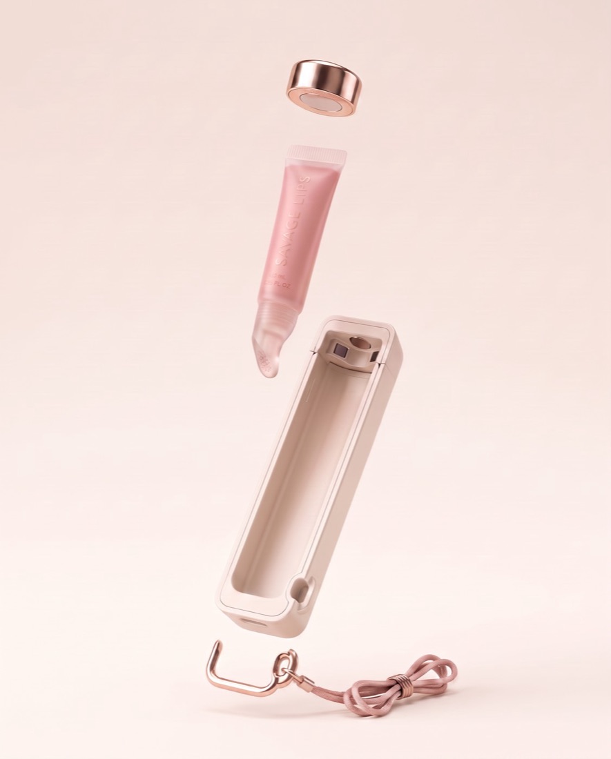 Lip Pod concept render — the cap, gloss tube, case and lanyard shown apart