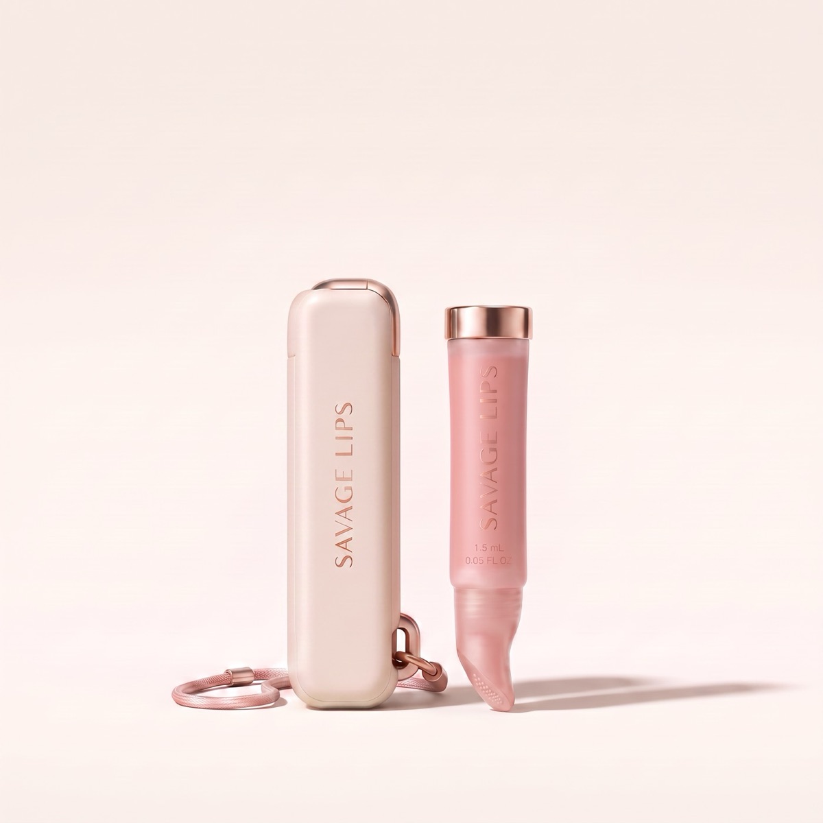 Lip Pod concept render — the ivory case on a rose lanyard beside the Savage Lips gloss tube