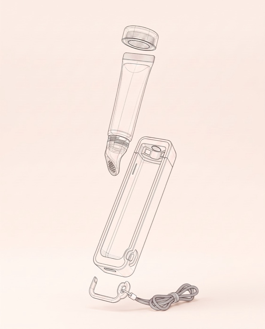 Lip Pod concept render — a technical line drawing of the same assembly